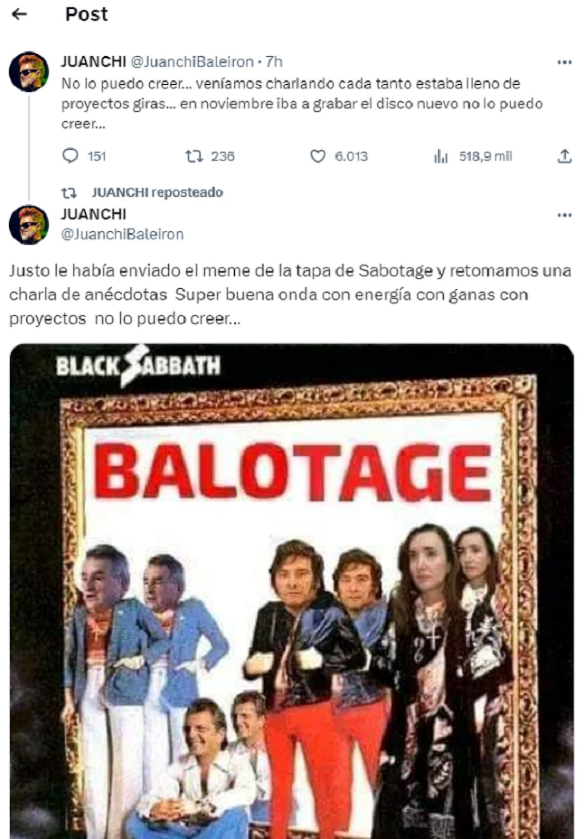 Juanchi Baleiron, originalmente guitarrista de Los Pericos. Foto: Twitter.