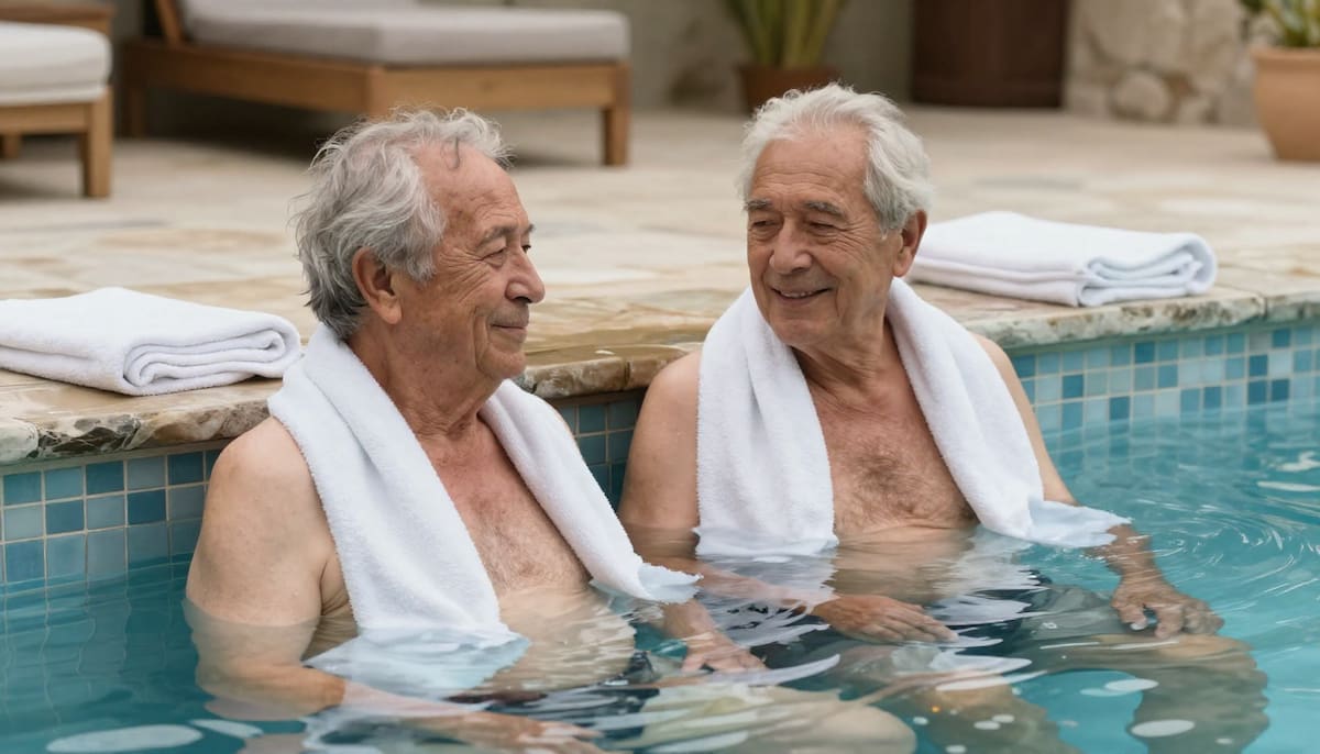 Jubilados en aguas termales, tercera edad, bienestar.