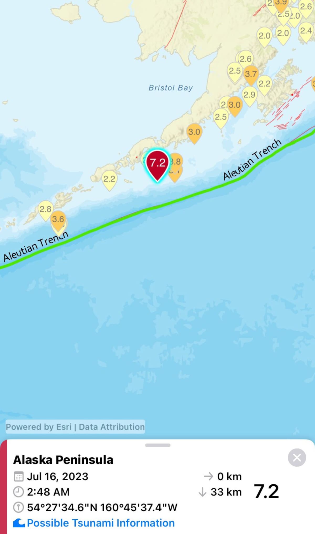 La alerta de tsunami que se produjo tras el terremoto en Alaska. Foto: Twitter.