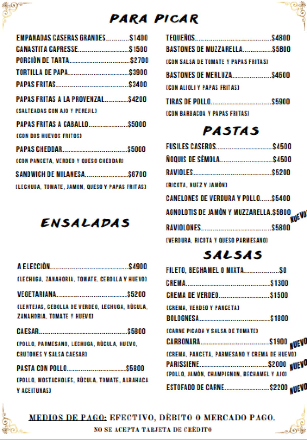 La carta de Bellagamba. Foto Instagram @bellagambapalermo