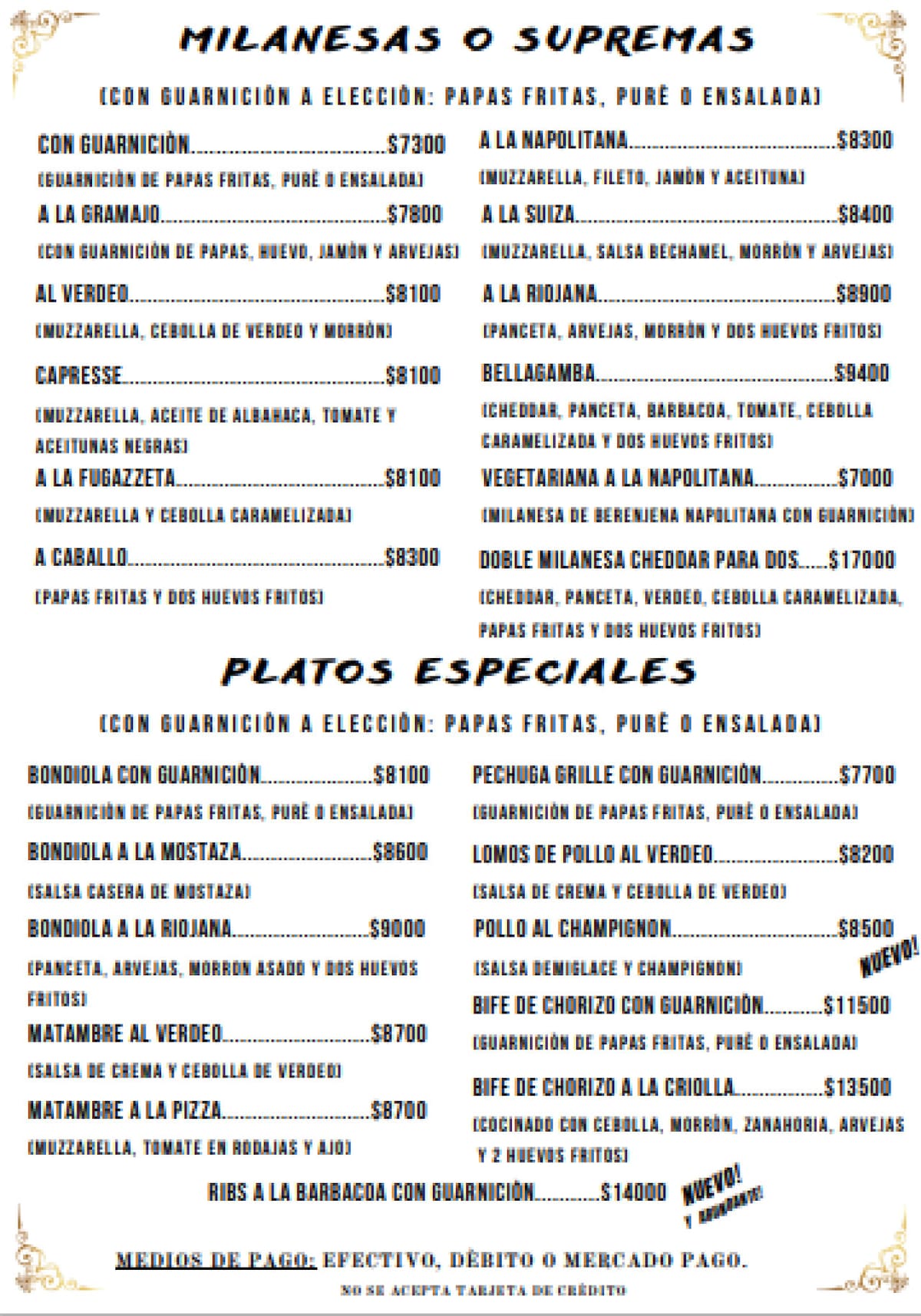 La carta de Bellagamba. Foto Instagram @bellagambapalermo