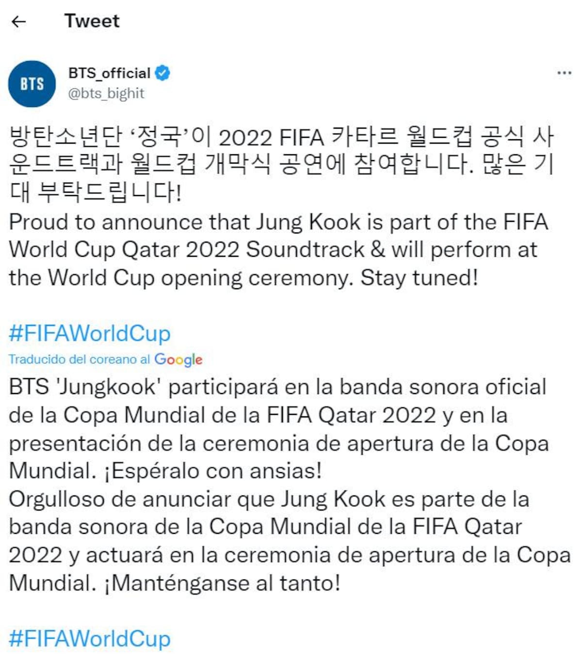 La confirmación de Jungkook para el Mundial. Foto: Twitter.