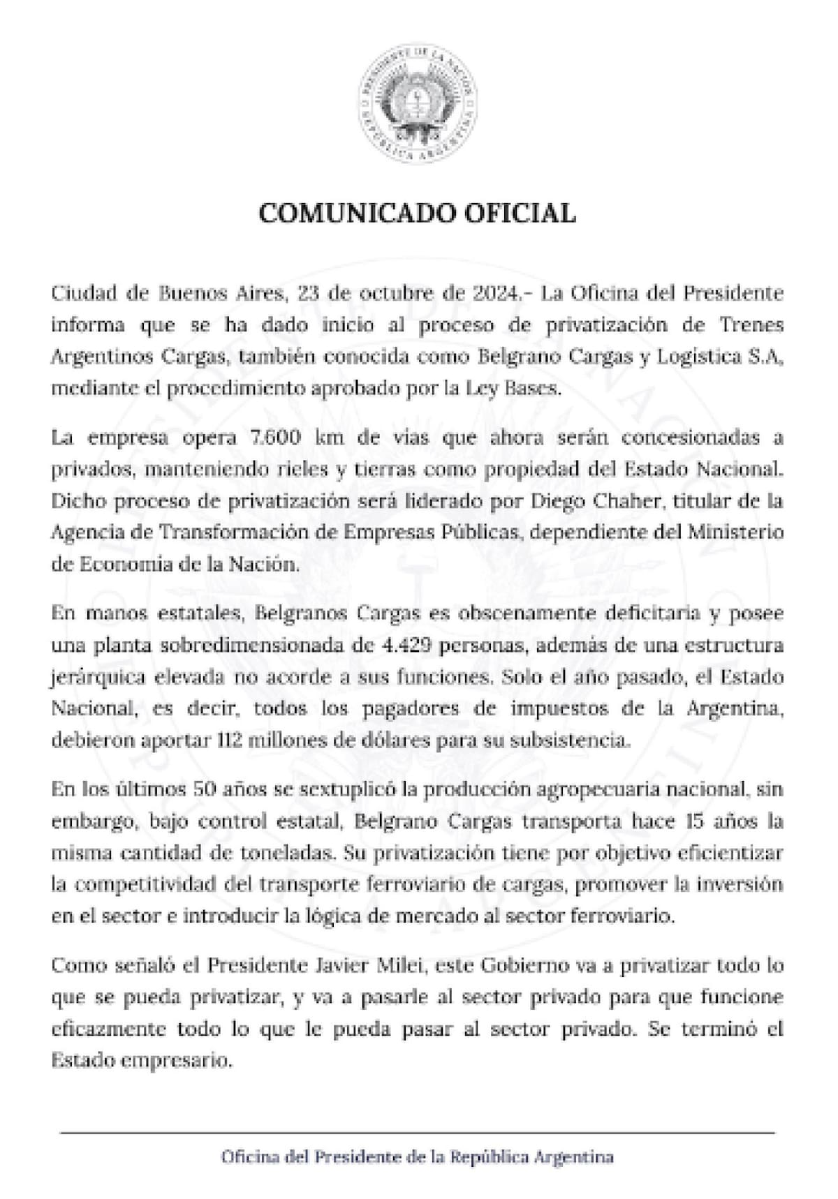 La decisión del Gobierno de de privatizar Belgrano Cargas. Foto: X/@OPRArgentina.