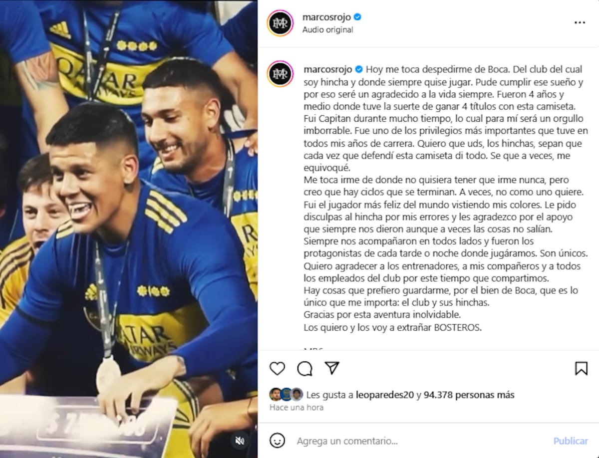 La despedida de Marcos Rojo de Boca en redes sociales.