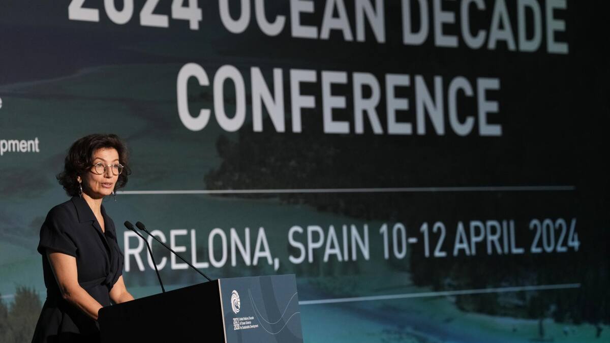 La directora general de la Unesco, Audrey Azoulay, en la Conferencia del Decenio del Océano en Barcelona. Foto: EFE.