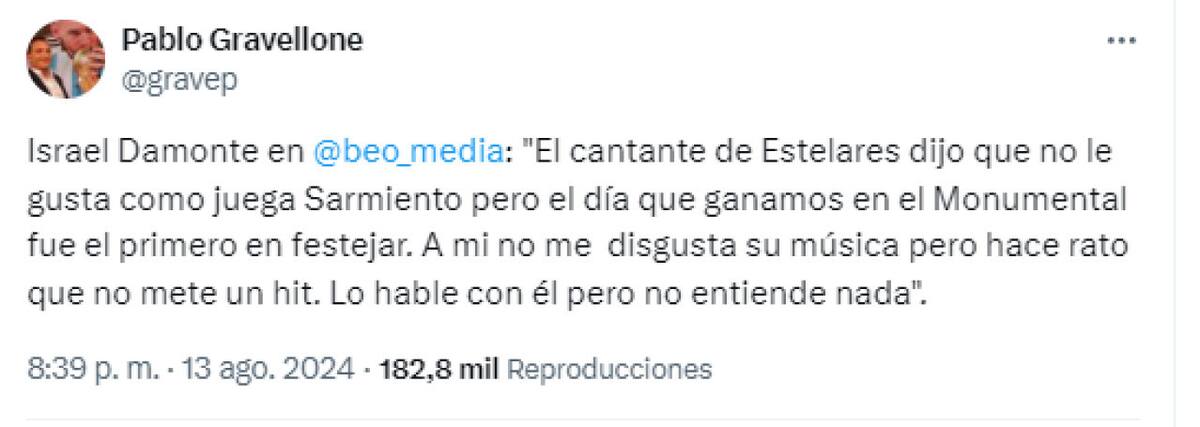 La frase de Israel Damonte sobre las críticas del cantante de Estelares. Foto: Captura.