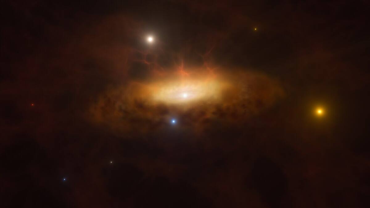 La galaxia SDSS1335+0728 comenzó a brillar cada vez más, y podría deberse al nacimiento de un agujero negro en su núcleo. Foto: ESO/M. Kornmesser