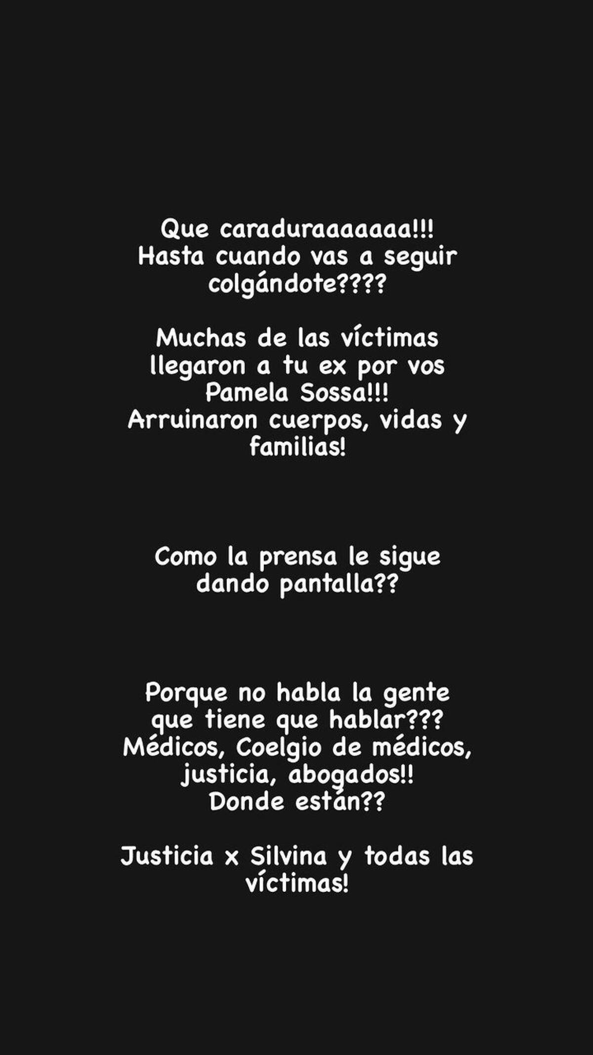 La historia que compartió Marengo acusando a Pamela Sosa. Foto: Instagram @marengorocio.