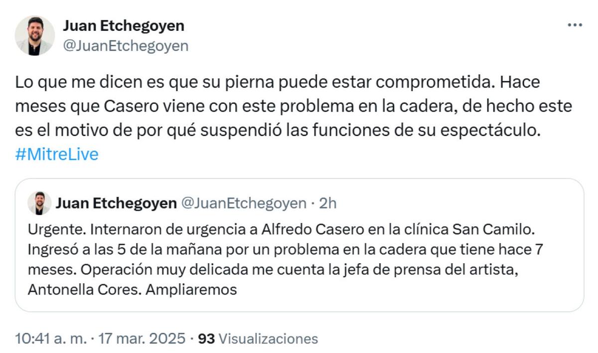 La información sobre la salud de Alfredo Casero. Foto: X.