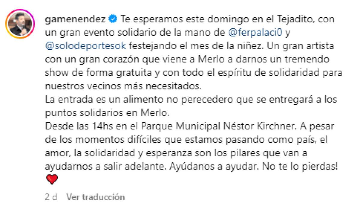 La invitación de Gustavo Menéndez al evento solidario en Merlo. Foto: Instagram.