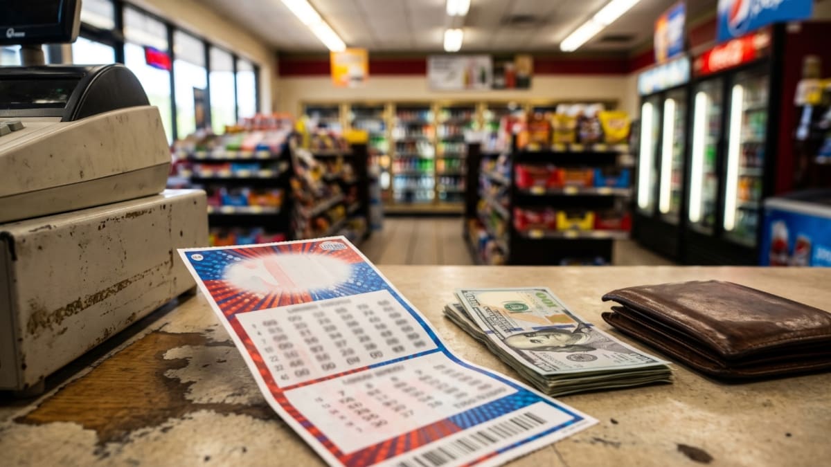 Boleto de lotería en una estación de servicio de USA, junto a billetes de dólar.