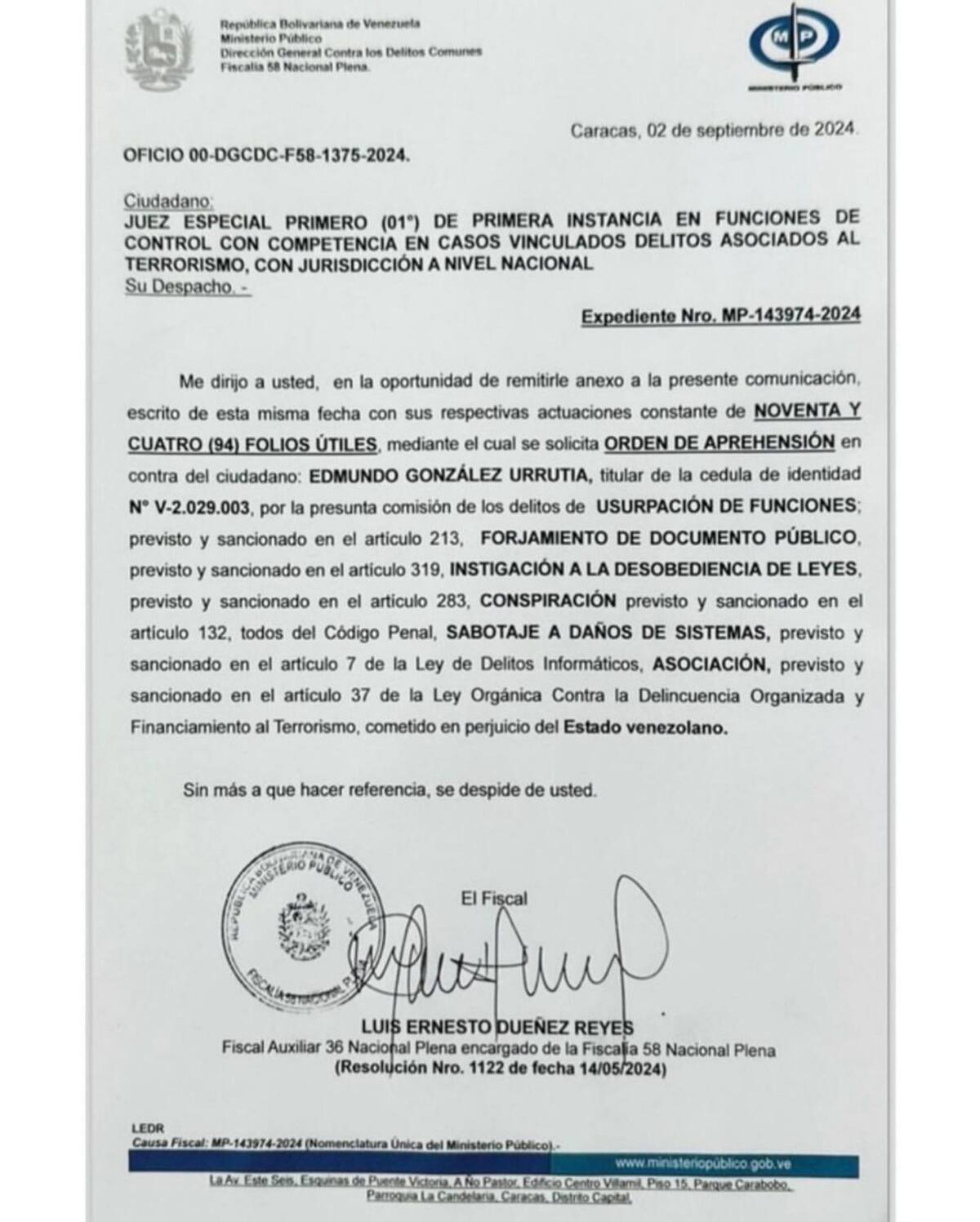 La orden de detención en contra de Edmundo González Urrutia. Foto: EFE.