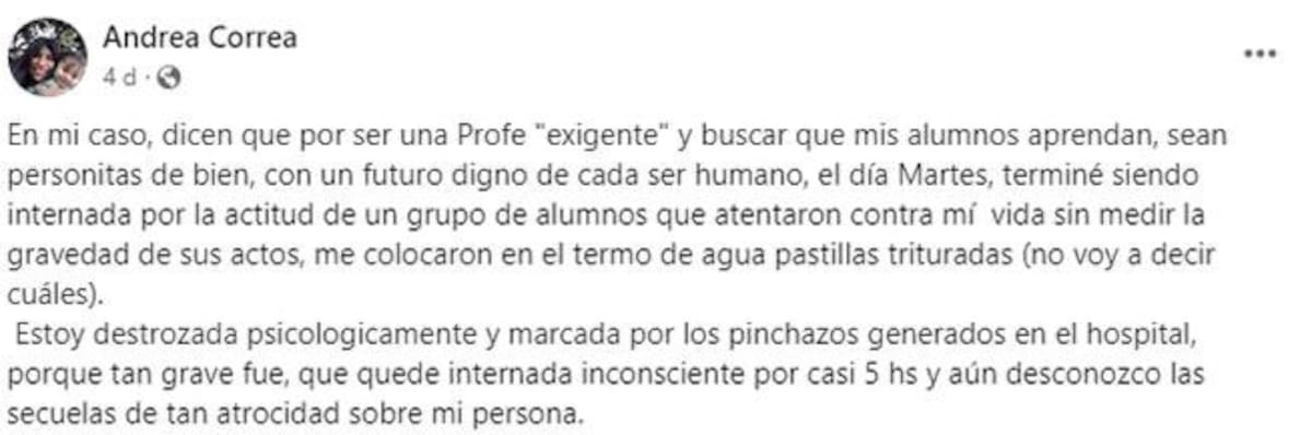La profesora contó su historia luego que sus alumnos intentaron envenenarla. Foto: Facebook.