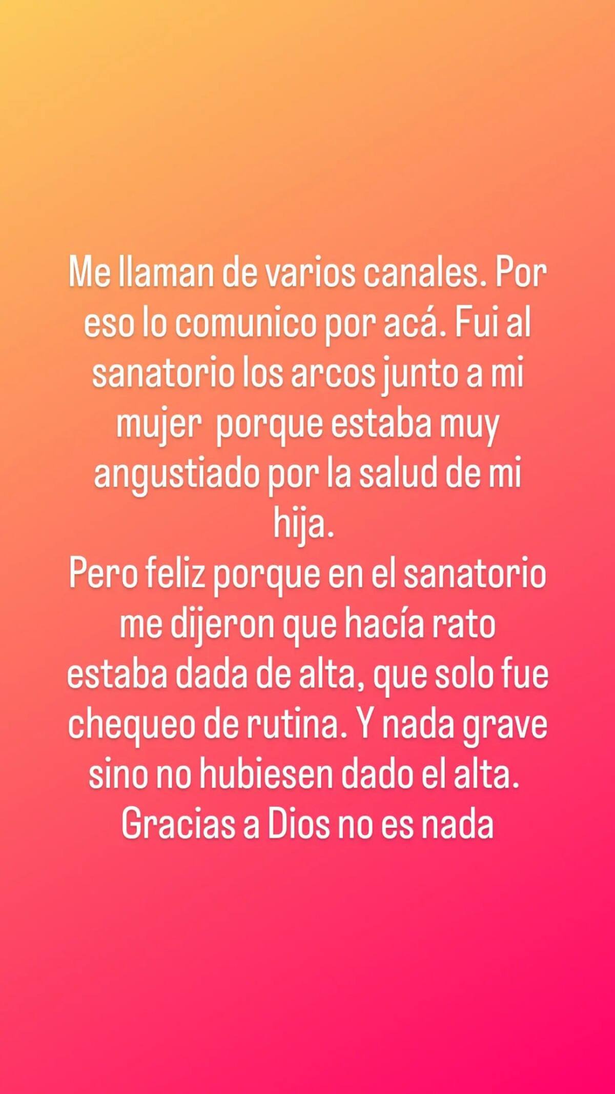 La publicación de Andrés Nara sobre el estado de salud de Wanda. Foto: Instagram @andres_r_nara.