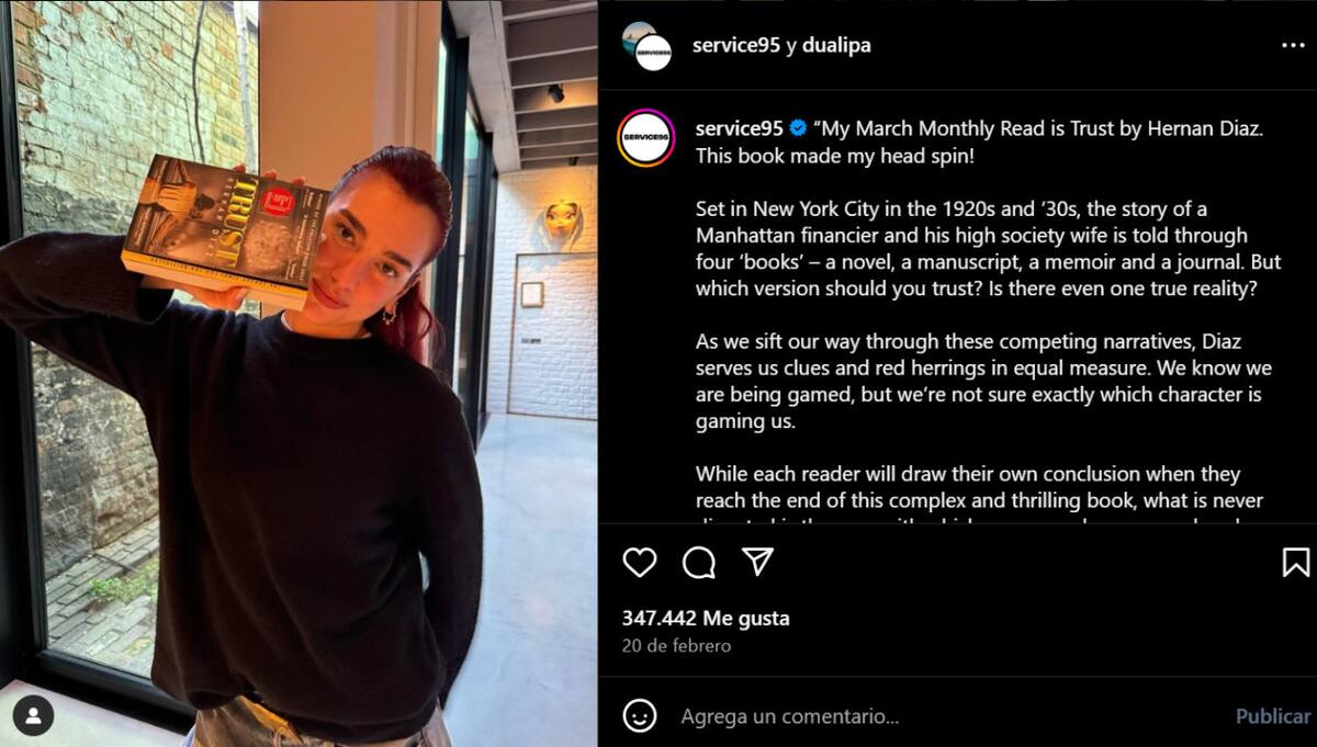 La publicación de Dua Lipa sobre el escritor argentino. Foto: Instagram.