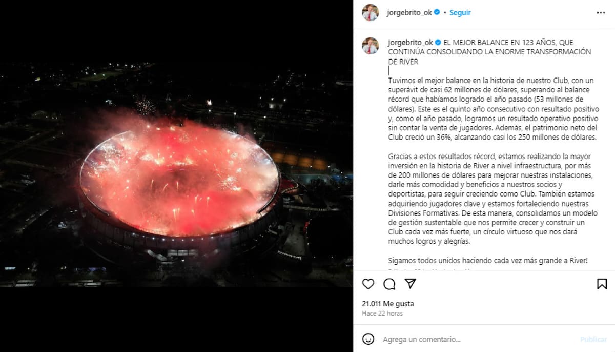 La publicación de Jorge Brito tras conocerse el superávit en el balance de River. Foto: Instagram.