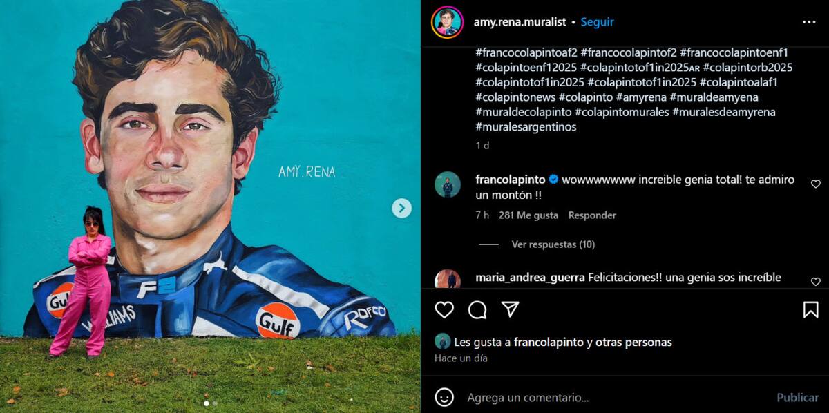 La reacción de Franco Colapinto a su mural. Foto: captura Instagram