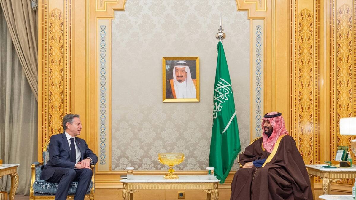 La reunión entre Antony Blinken y Mohammed bin Salmán. Foto: Reuters.