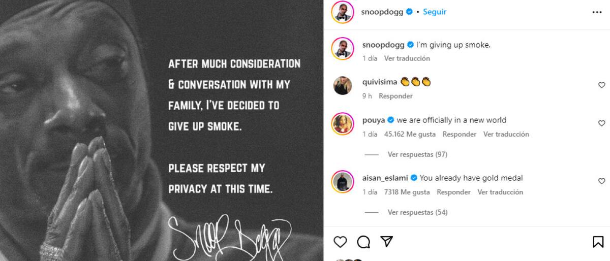 La sorpresiva publicación de Snoop Dogg. Foto Instagram.