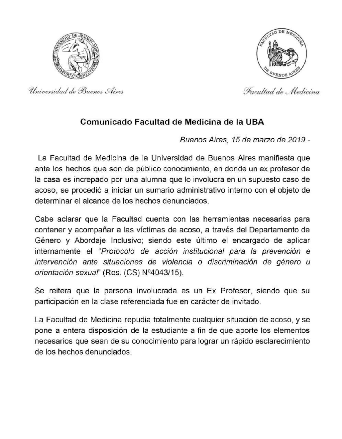 La UBA abre sumario administrativo a docente tras denuncia de acoso sexual, comunicado