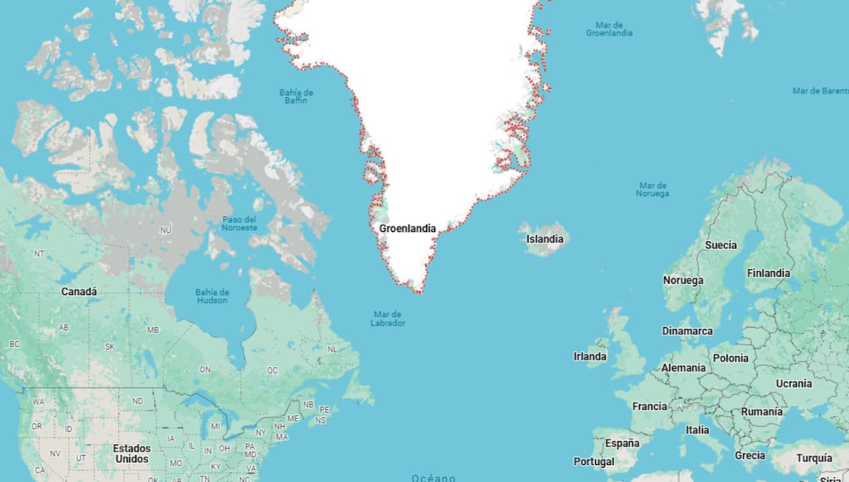 La ubicación de Groenlandia en el mapa. Foto: Google Maps.