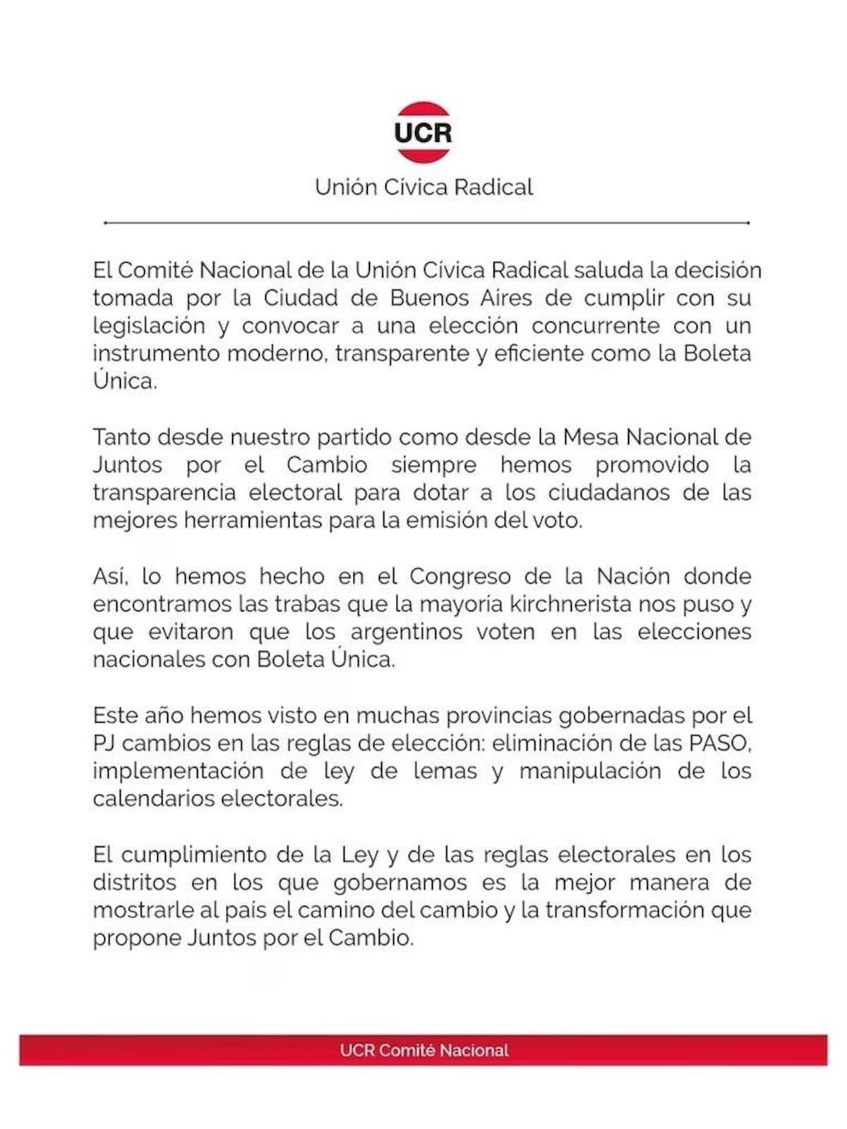 La UCR apoyó a Rodríguez Larreta y aseguró que la boleta única garantizará transparencia