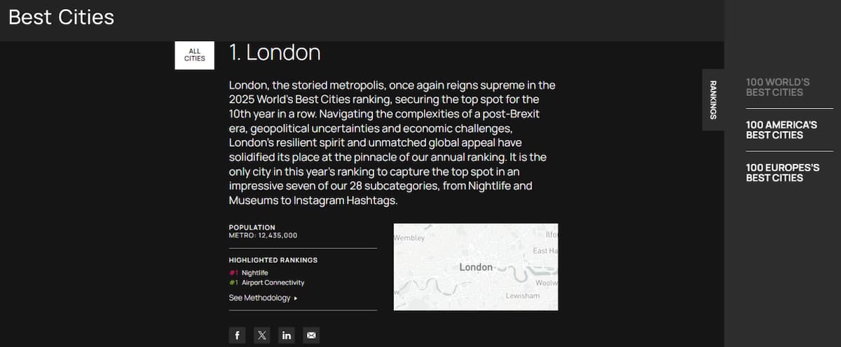 Londres fue elegida como la mejor ciudad del mundo. Foto: captura worldsbestcities.com
