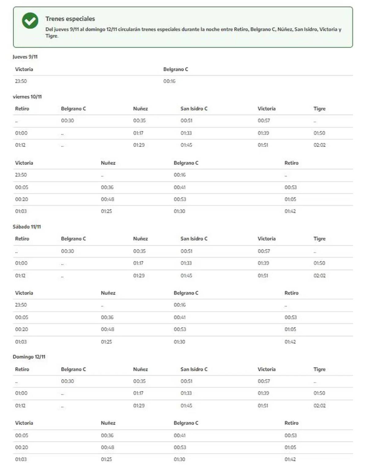 Los horarios de los trenes. Foto: captura argentina.gob.ar