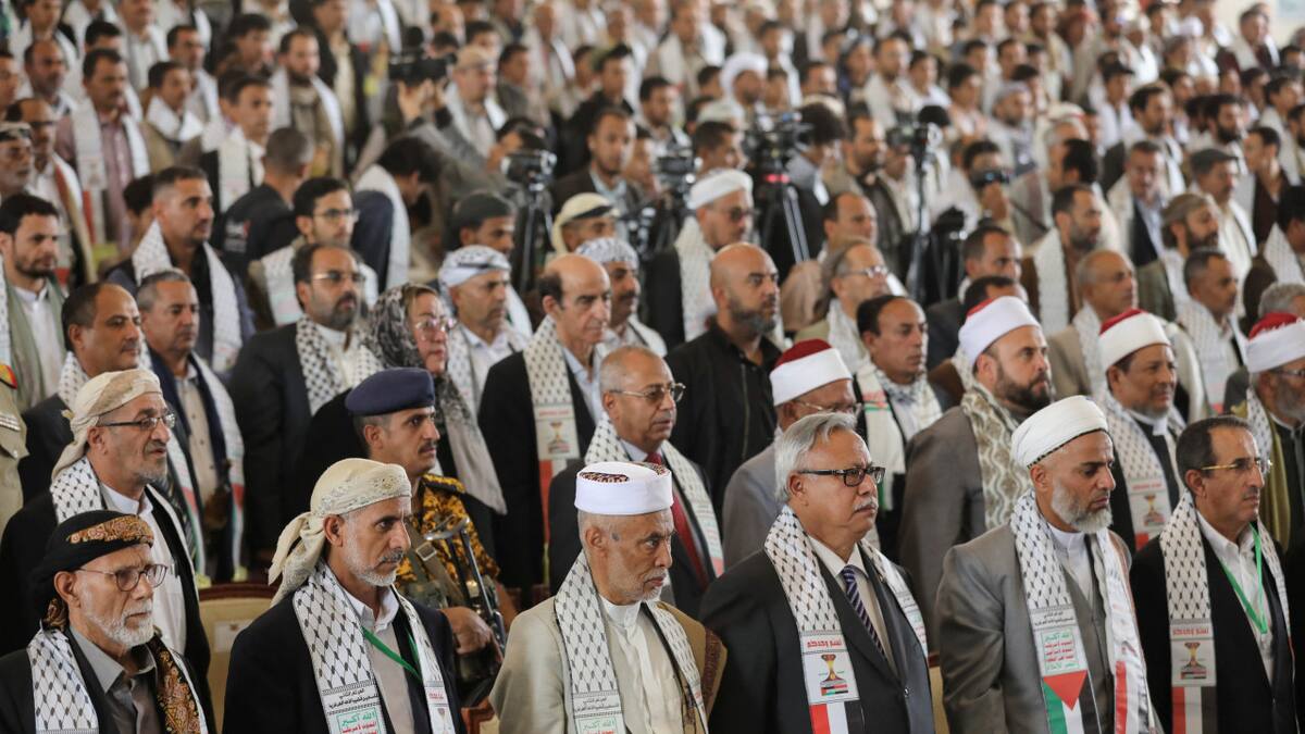 Los hutíes del Yemen celebran jornadas sobre Palestina con los nietos de Mandela y Gandhi. Foto: EFE.