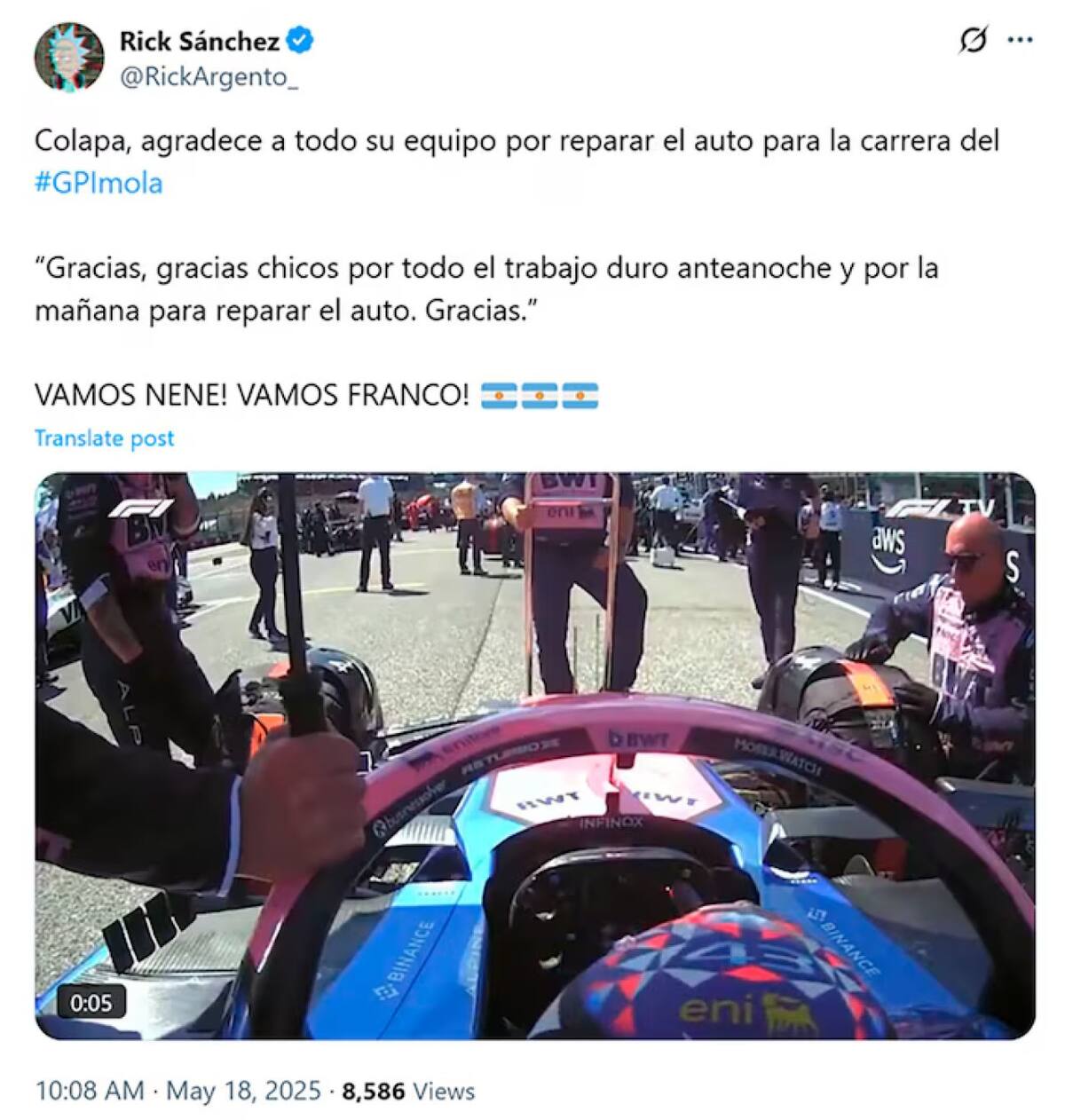 Los mejores memes de Franco Colapinto. Fotos: X.