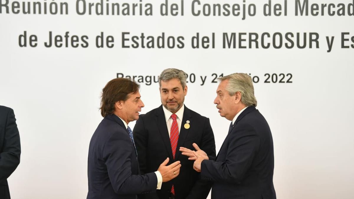 Luis Lacalle Pou, Mario Abdo Benitez y Alberto Fernandez. Foto: NA.