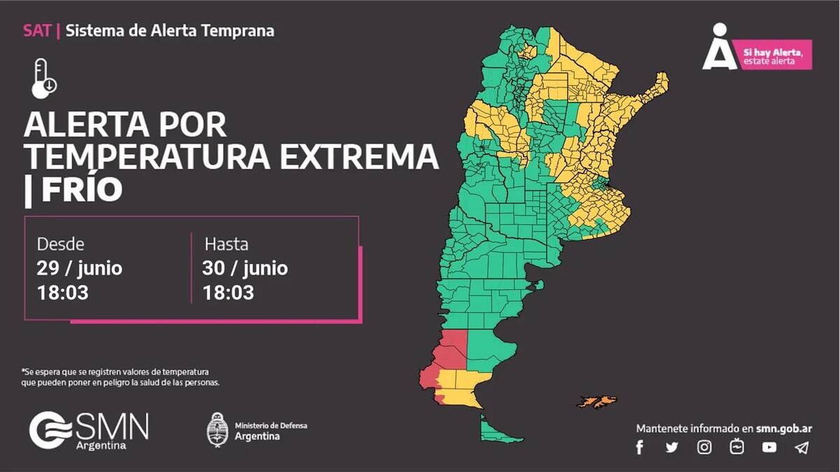 Mapa de alerta por frío extremo para este domingo 30 de junio. NA