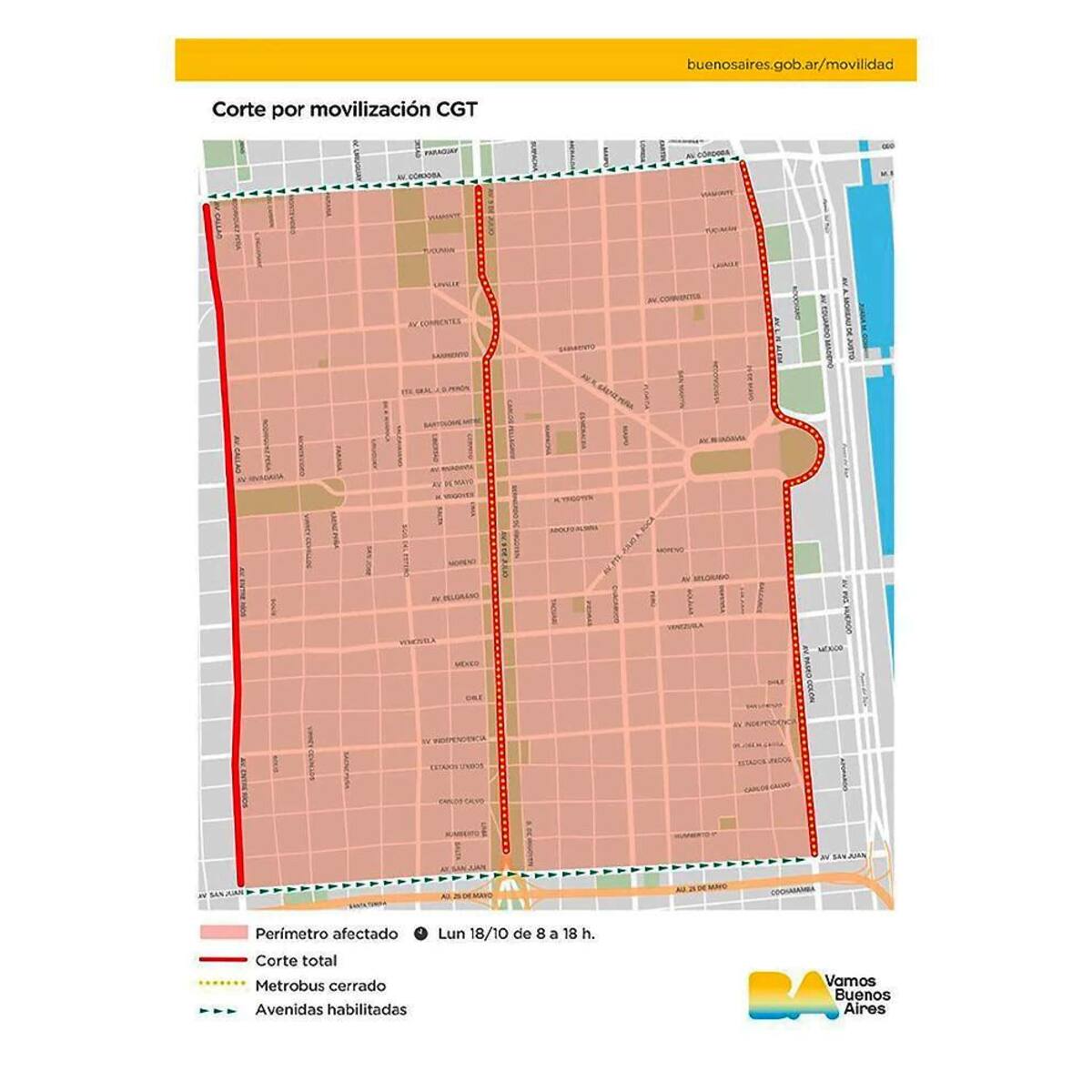 MAPA DE CORTES por acto de la CGT del Día de la Lealtad: caos en Centro porteño