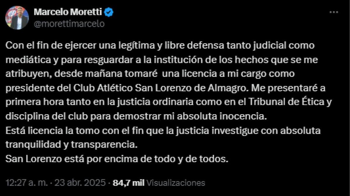 Marcelo Moretti anunció que toma de licencia de su presidencia en San Lorenzo. Foto: captura.