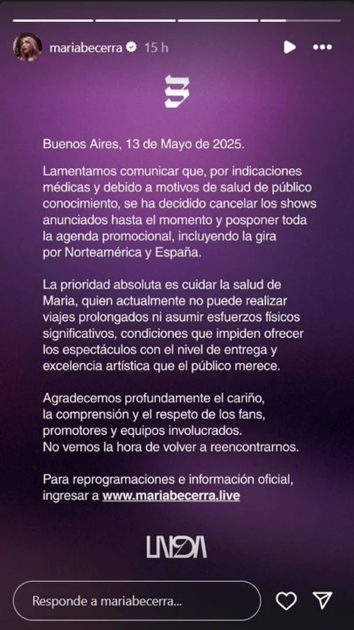 María Becerra anuncia la suspensión de su show. Fuente: Instagram