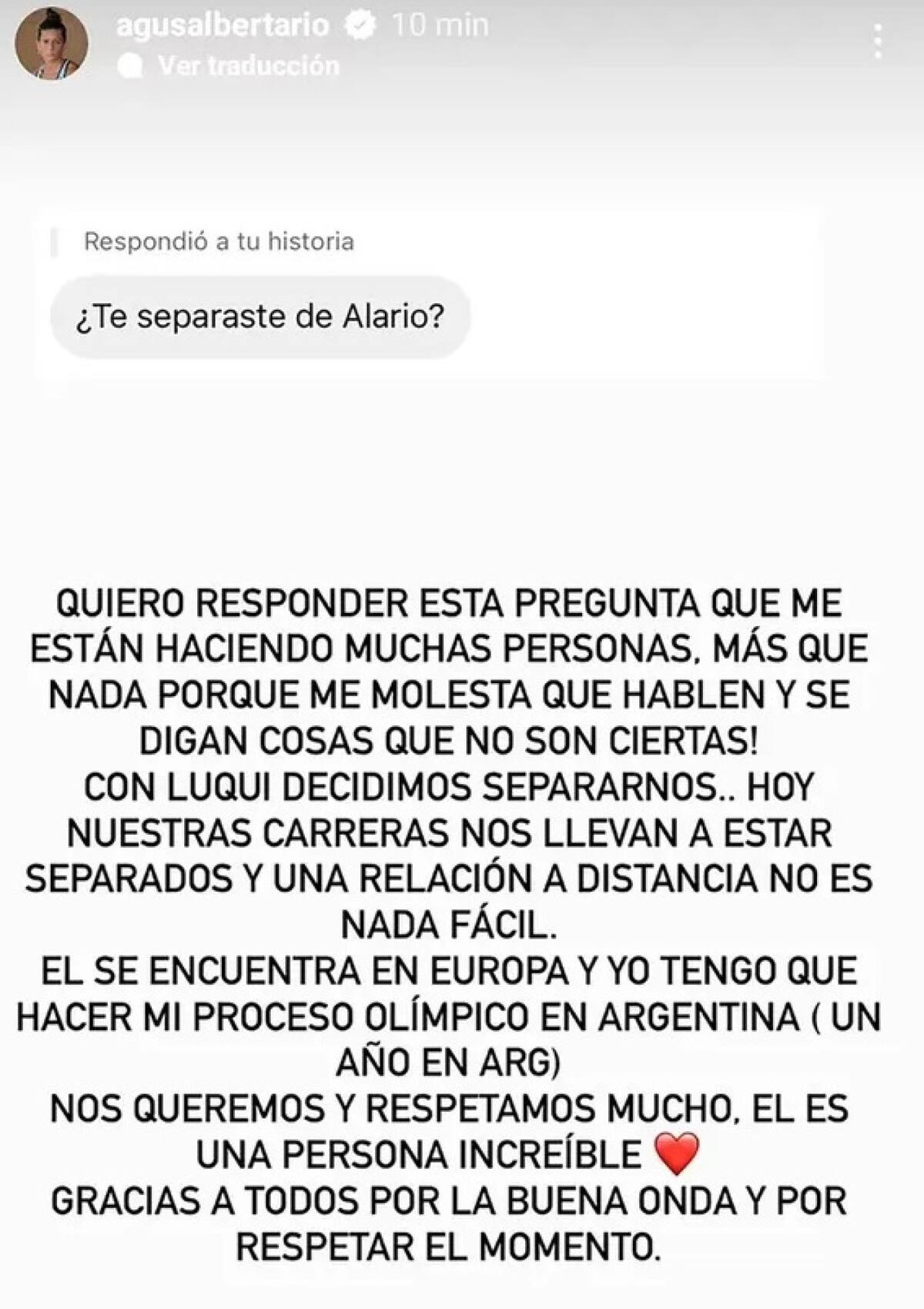 Mensaje de Agustina Albertario sobre su separación de Lucas Alario. Foto: @agusalbertario.