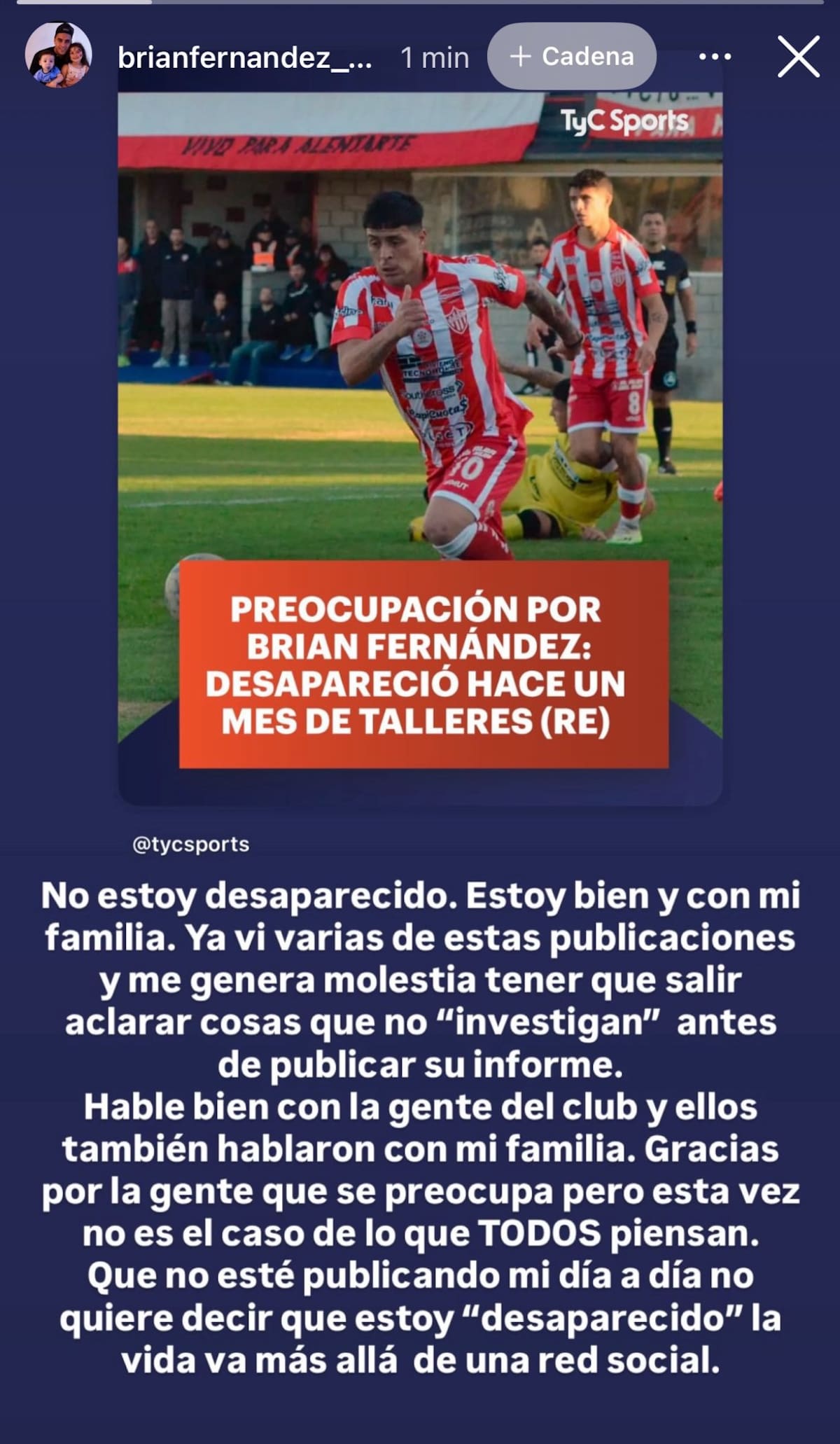 Mensaje de Brian Fernández por su ausencia a las prácticas de Talleres (RE)