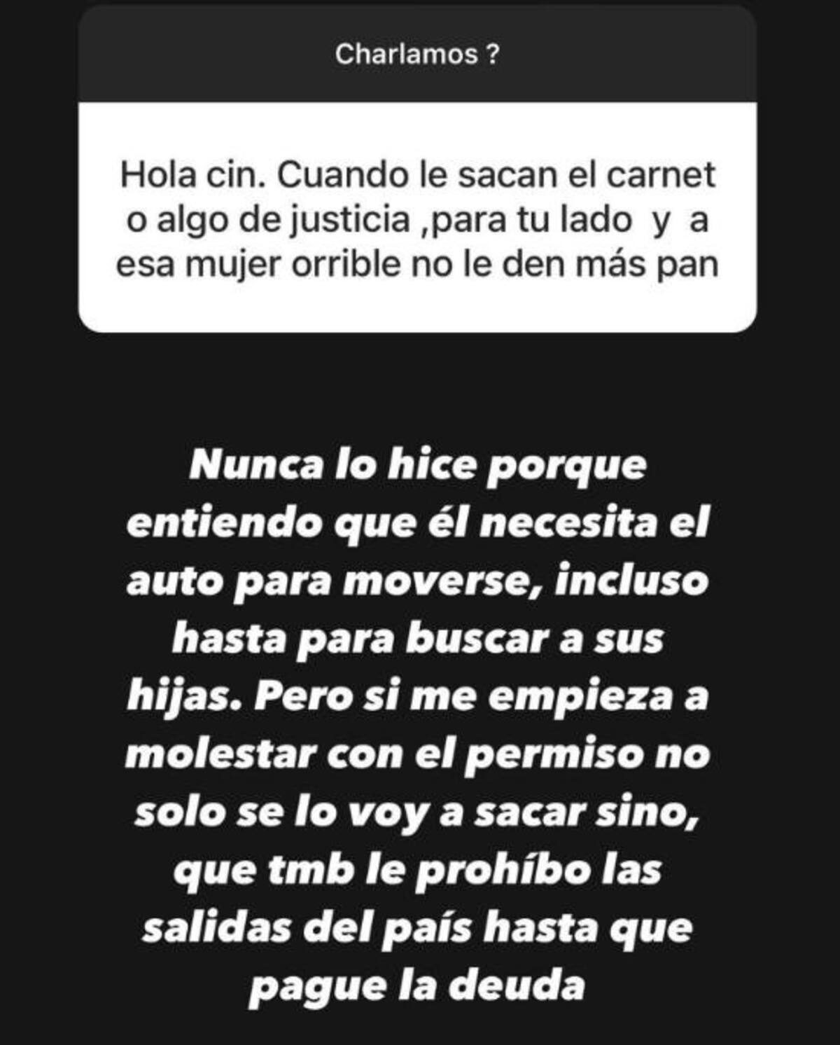 Mensaje de Cinthia Fernández contra Matías Defederico en Instagram. Foto: NA.