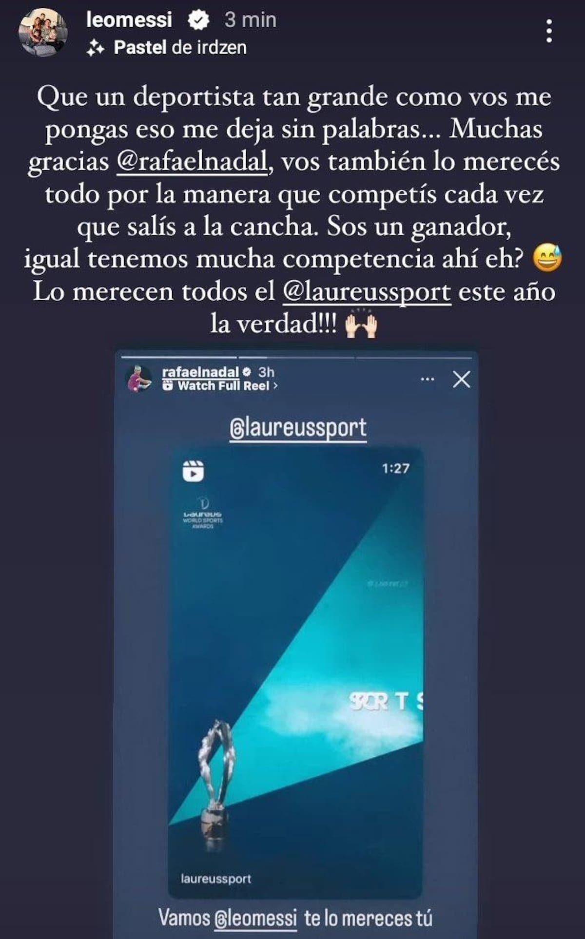 Mensaje de Lionel Messi para Rafael Nadal por el premio Laureus. Foto: @leomessi.