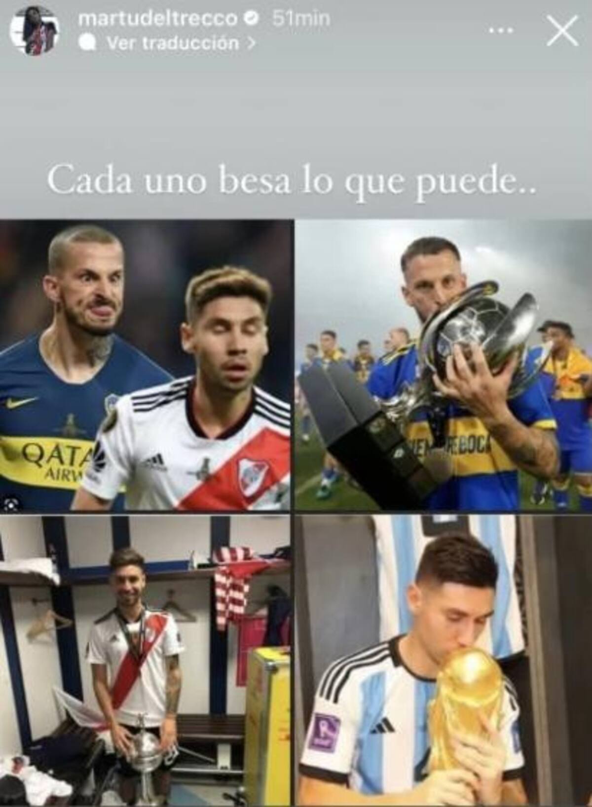 Mensaje de Martina del Trecco, jugadora del fútbol femenino de River, a Benedetto. Foto: NA.