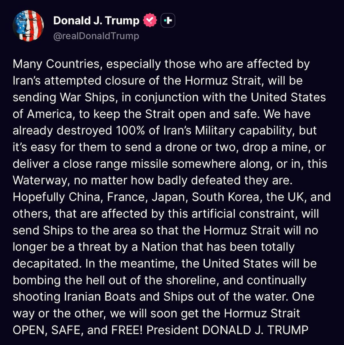 Mensaje de Trump para potencias mundiales sobre el estrecho de Ormuz.