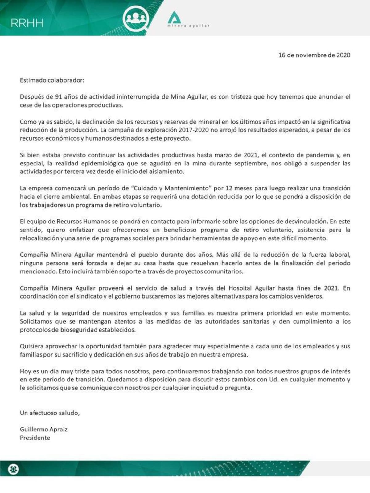 Minera Aguilar carta a sus empleados
