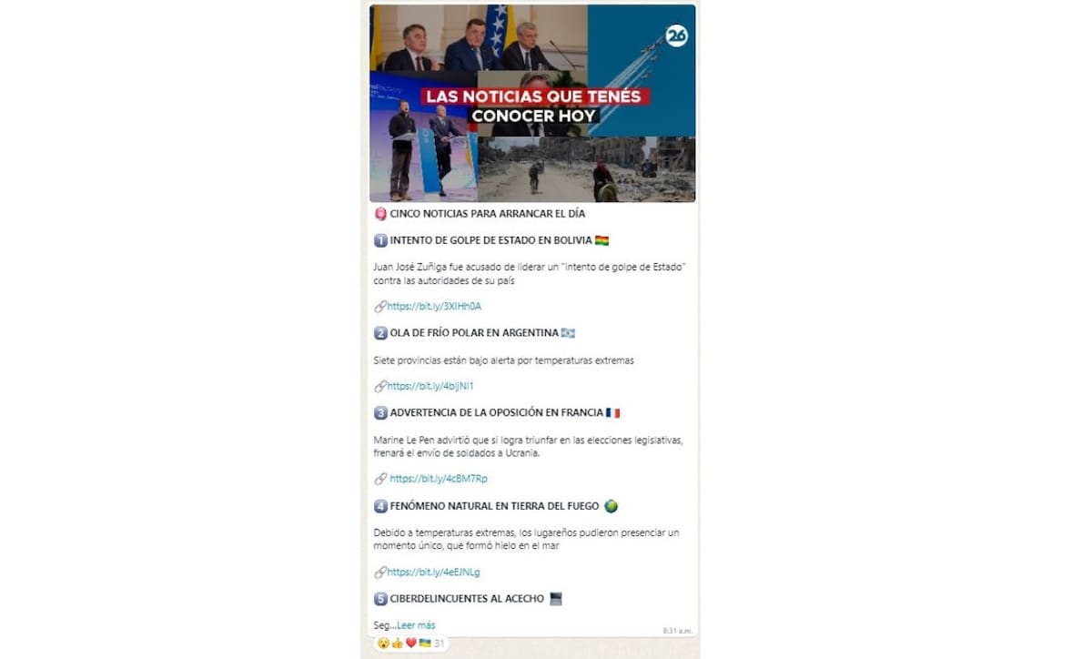 Noticias destacadas en el canal de WhatsApp de Canal 26