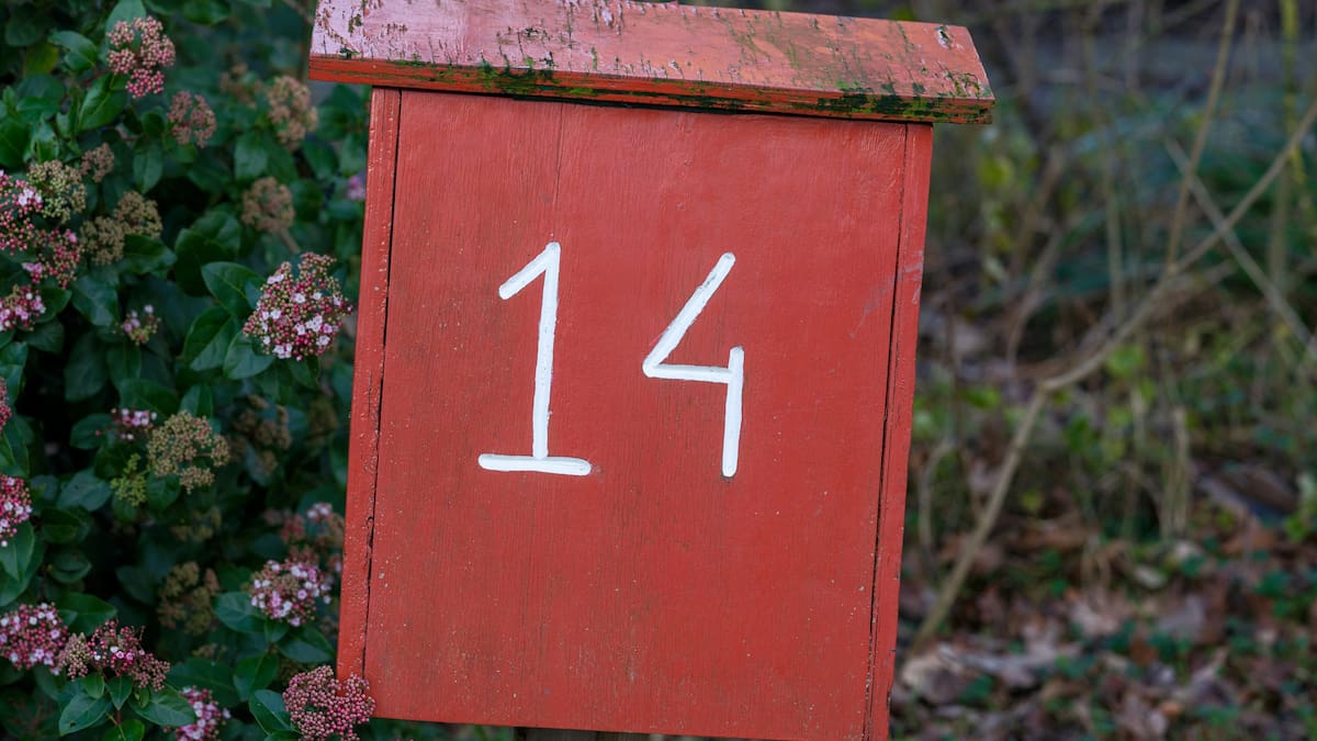 El número 14 en un cuadrado de madera.