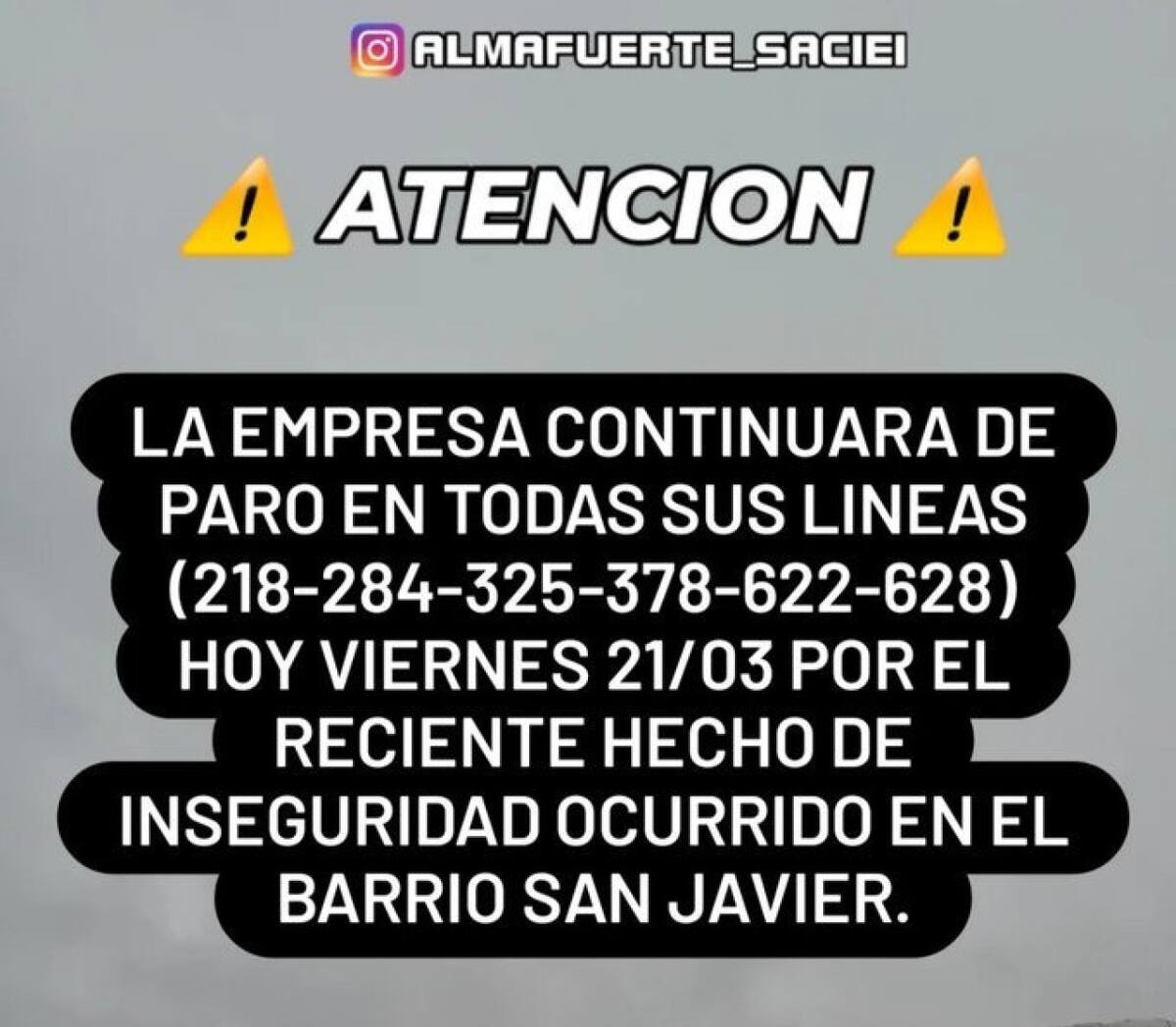 Paro en seis líneas de colectivo. Foto: Instagram Almafuerte_saciei.