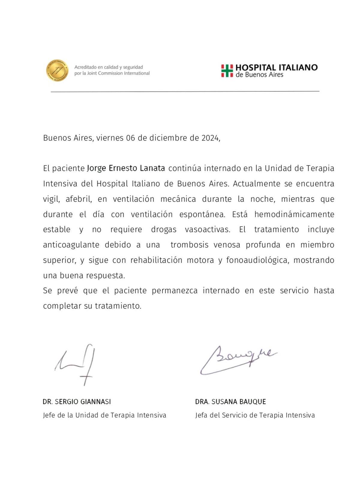 Parte médico de Jorge Lanata - 06-12-2024.