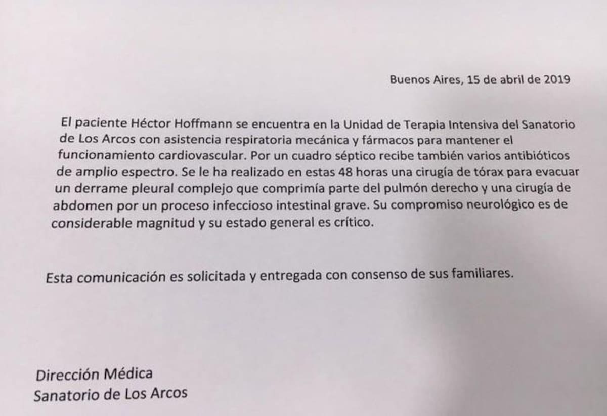 Parte médico de Sergio Denis, Sanatorio Los Arcos, 15-4-19