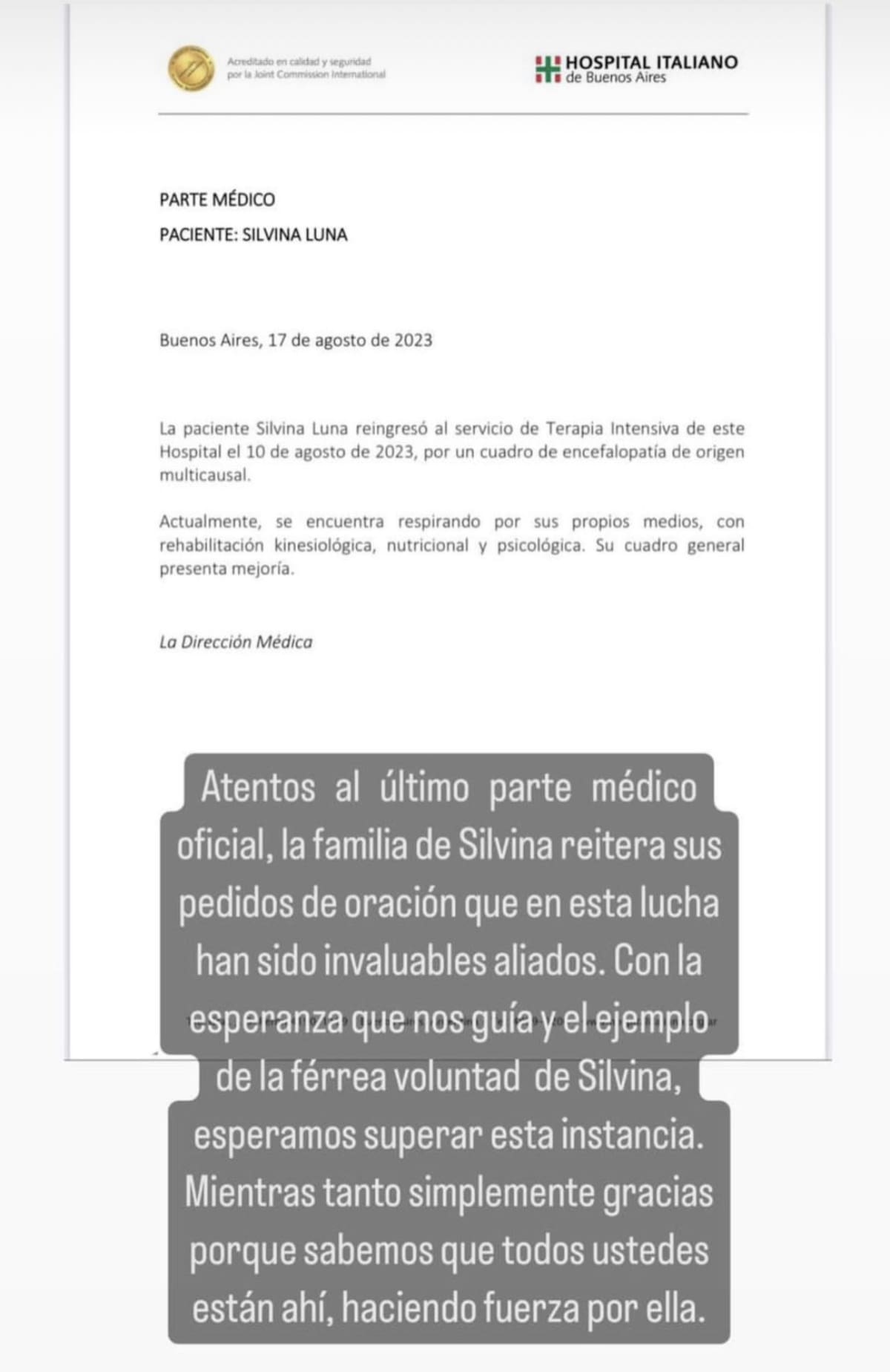 Parte médico de Silvina Luna 17-08-23