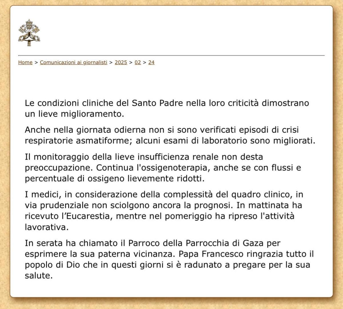Parte médico del papa Francisco 24/02