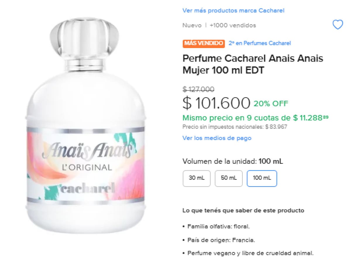 Perfume Anaïs Anaïs de Cacharel, el favorito de Pampita. Foto Mercado Libre